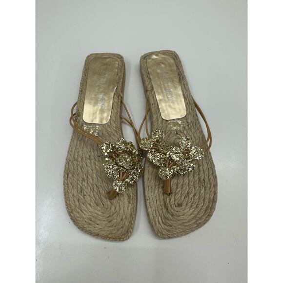Sam & Libby Womens Sandals Size 6 M Flip Flops Brown Floral Glitter Jute Flats - Picture 1 of 10